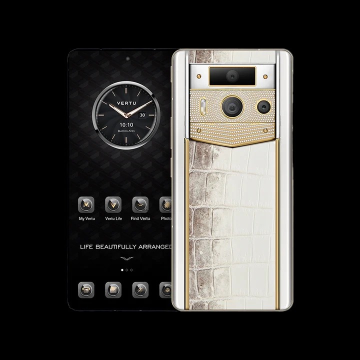 گوشی موبایل متاورتو نسل ۲ مدل Luxury Custom Made Gold Plain Weave Diamond Himalaya White Alligator