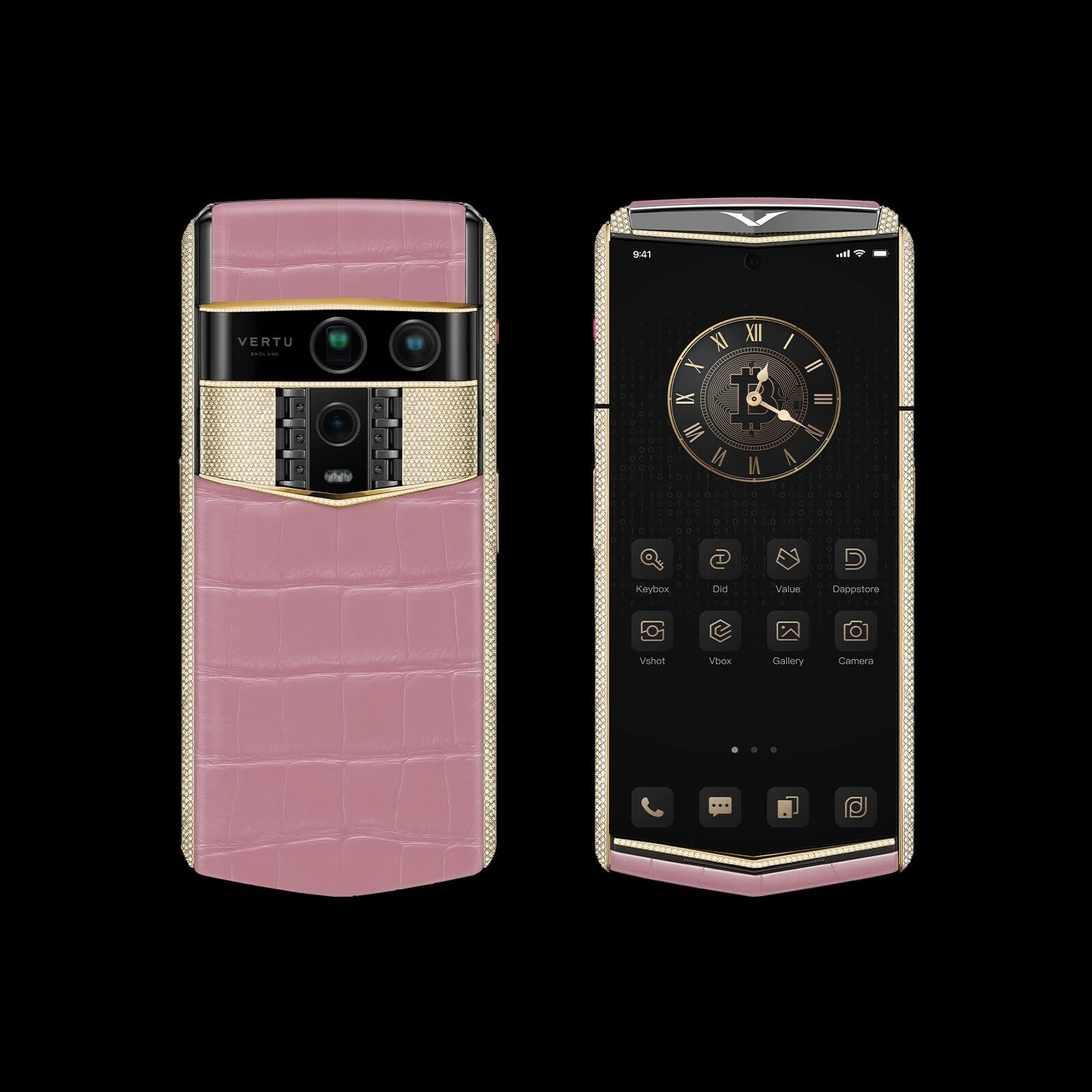 گوشی ایجنت کیو ورتو مدل Agent Q Alligator Gold & Full Diamond Collector’s Edition Sakura Pink-Bespoke